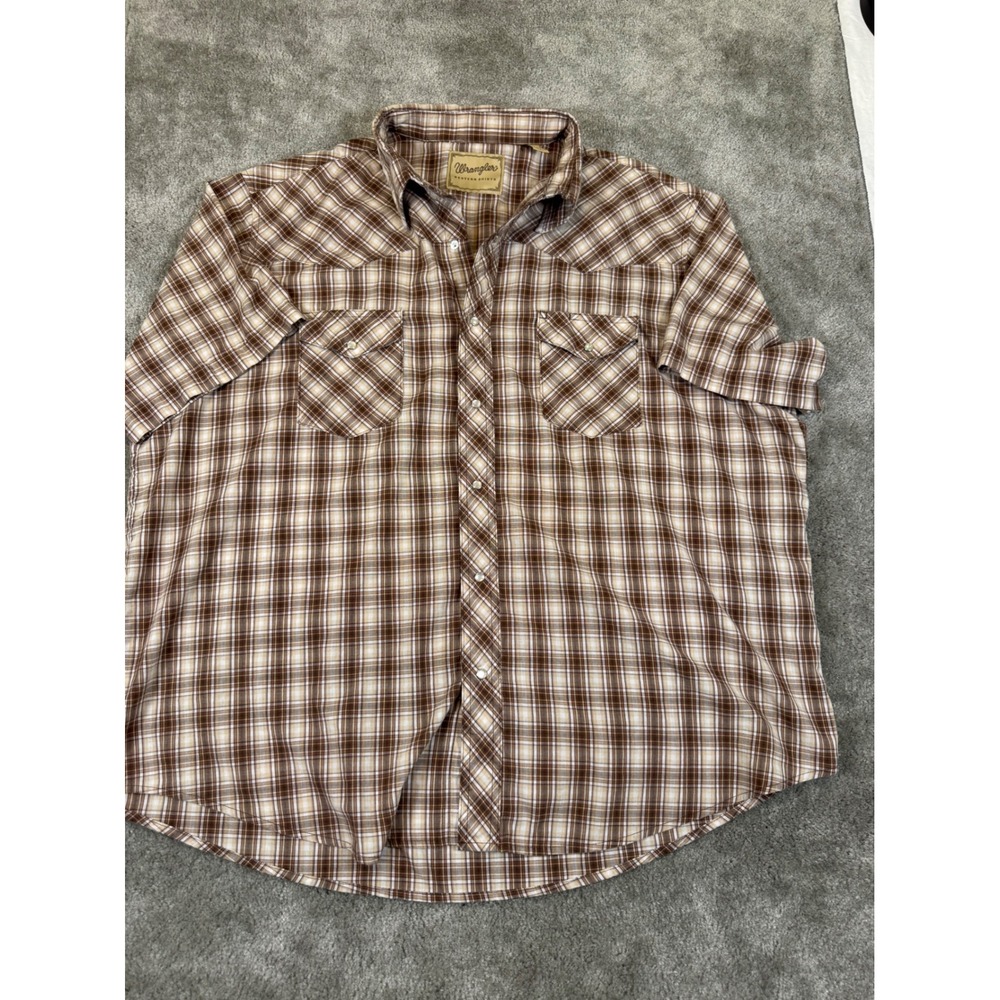 Wrangler Western Shirt Mens 2XL Brown Plaid Pearl Snap Short Sleeve 112357808